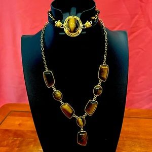 South Africa tiger eye set necklace and bracelet 18k YG plated